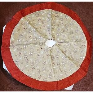 Christmas Tree Skirt Burlap Red Brown Snowflakes 34" Diameter Glitter